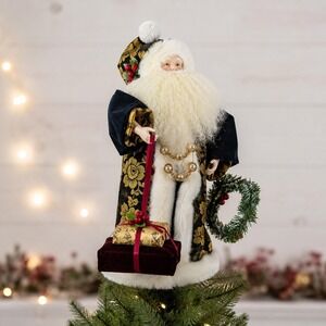 Vintage Victorian Santa Tree Topper Porcelain Face Black Gold Christmas 16"
